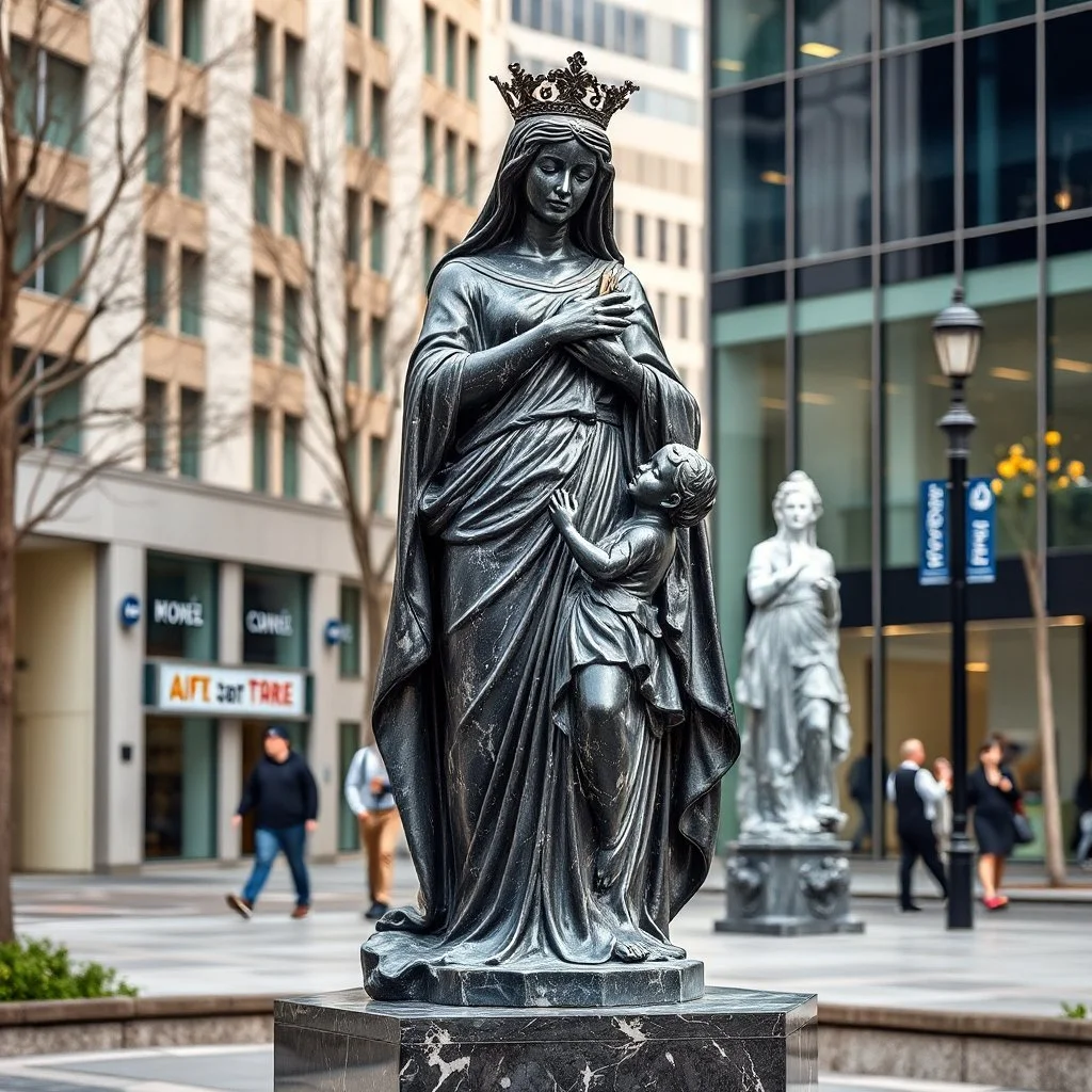 photo of a lady statue made of black marbel showing a goddoss love mother and baby in a modern city center