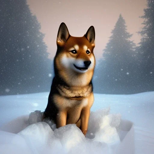 Doge, shiba inu, drinking german beer in the snow, silly face, ethereal, ascension, aura