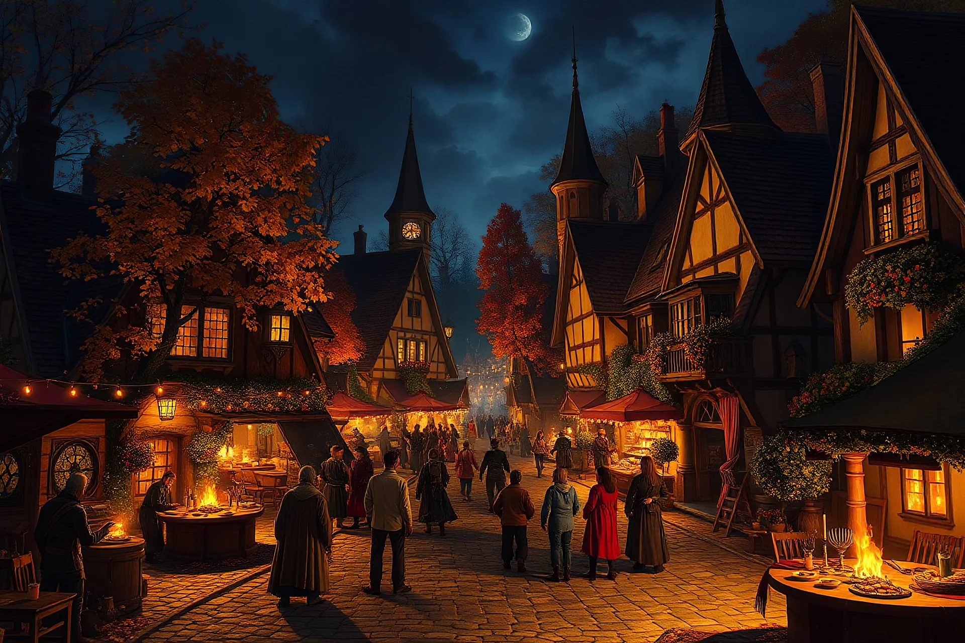 Autumn festival in a medieval fantasy town at night, festival games