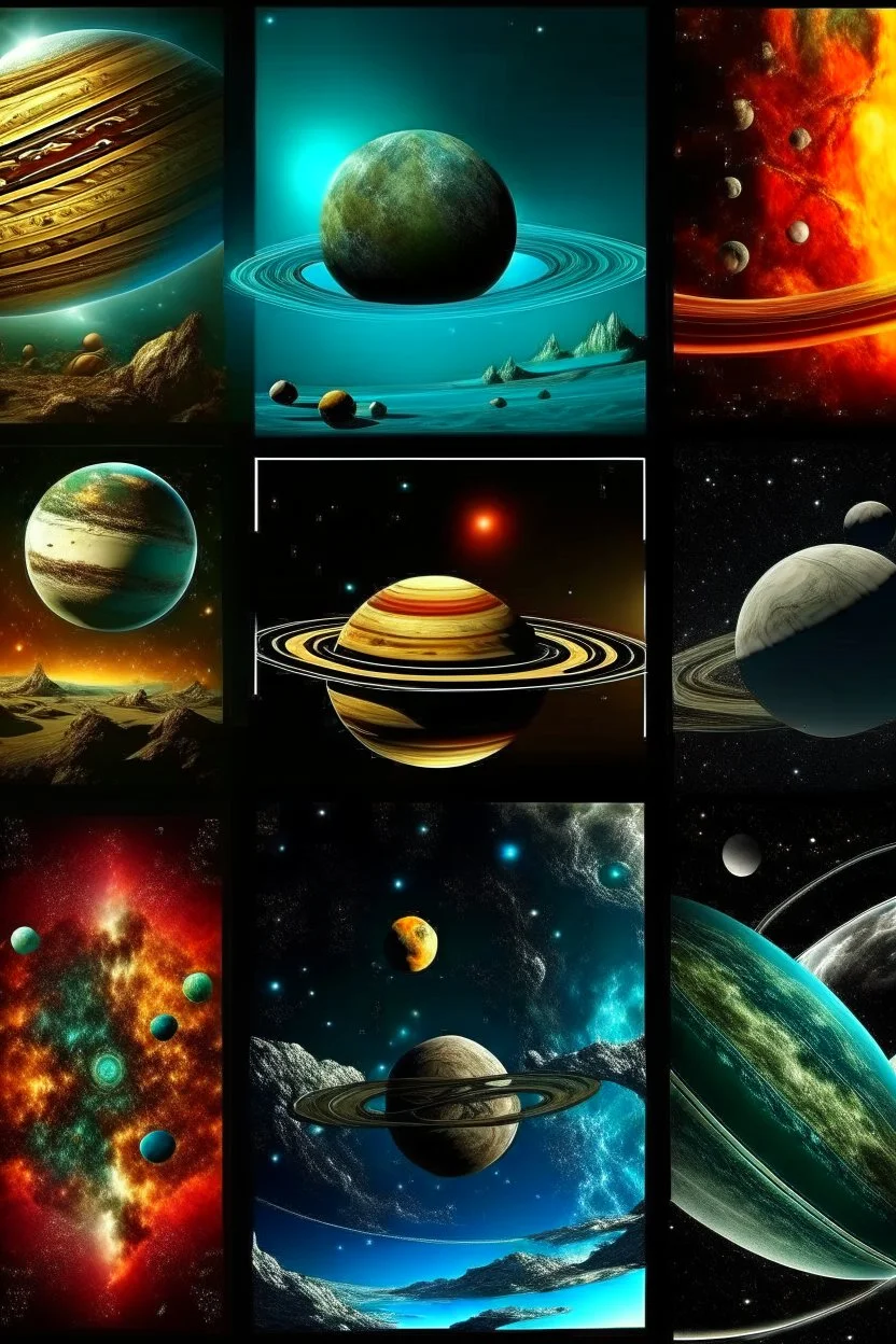 different variations of planets montage science book style