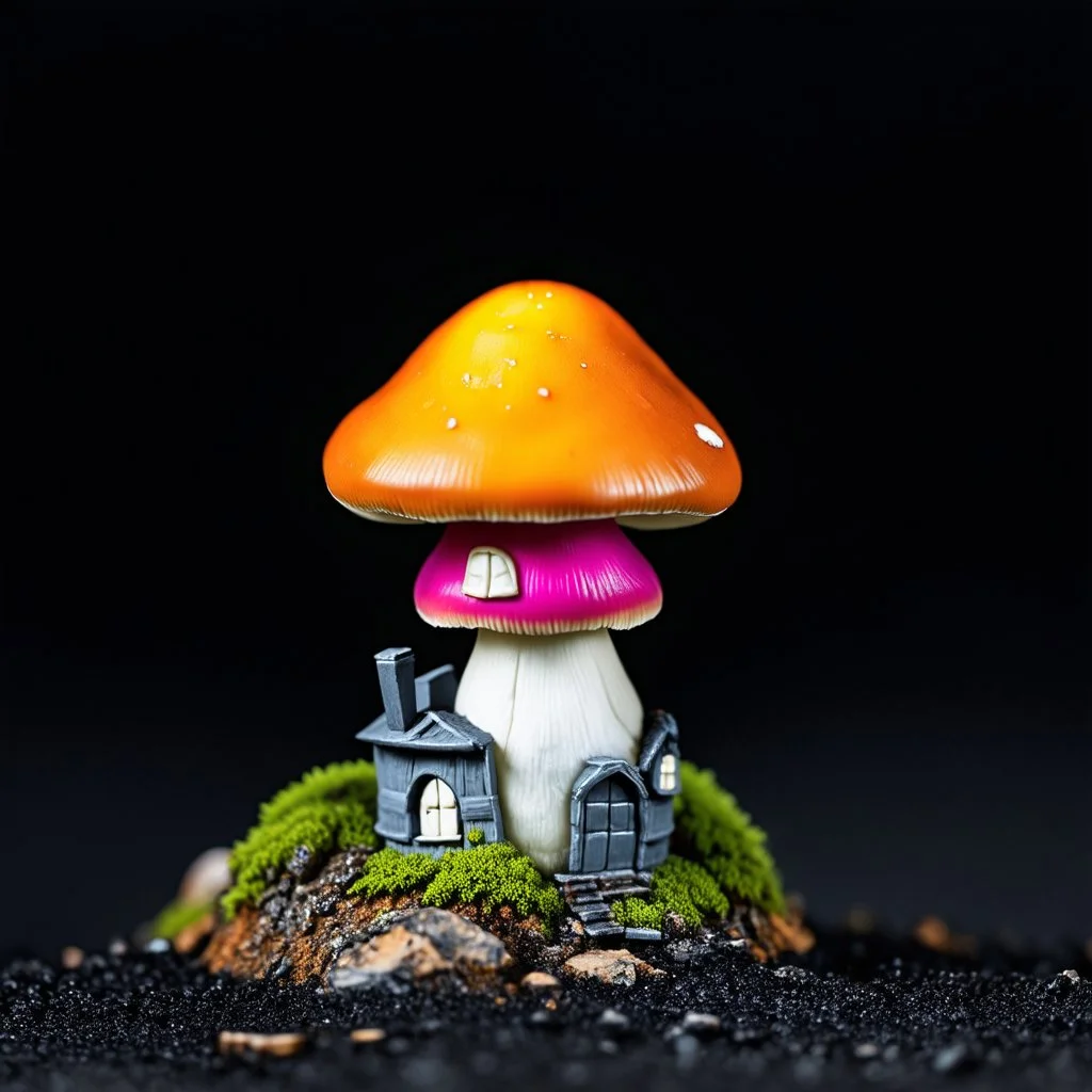 "Close up of a wonderful tiny Mushroom Tower home. orange and magenta with bright white, deep black and contrasting tones of gray. Illuminated bioluminescent forest. Professional painter, master at composition. small but detailed. broken, blurred background, voluminous lighting"