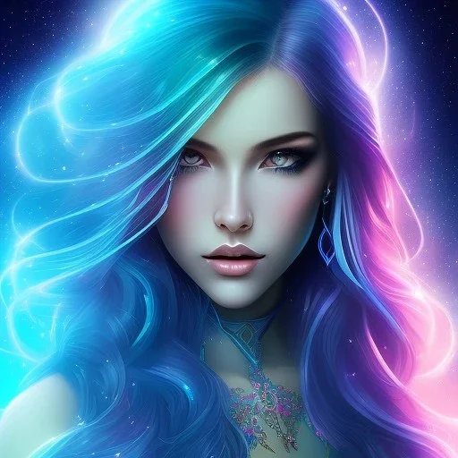 beautiful woman with long hair look the stars and northern aurora blue turquoise lights, blue, pink,