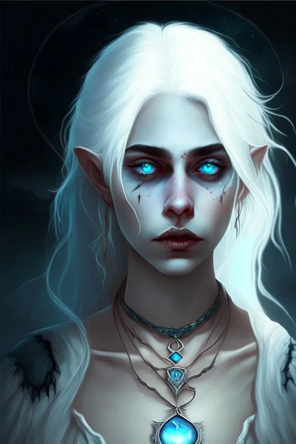 hauntingly beautiful character for dnd, young woman with white hair and blue eyes, angel, with moon necklace, vampire bite