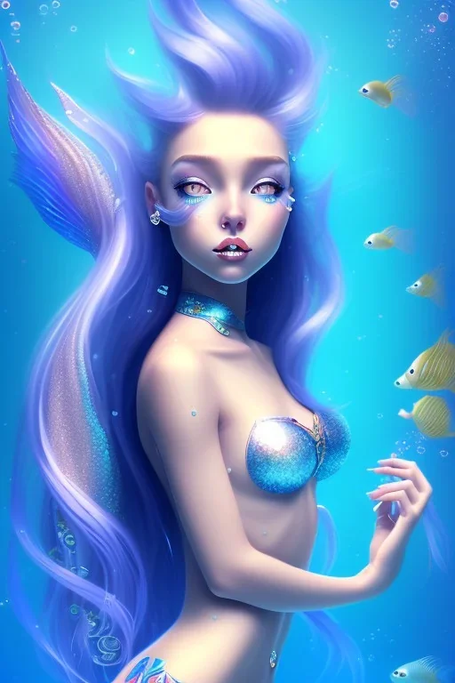 girl, cute, beautiful, mermaid tail, blue hair, underwater, glitter