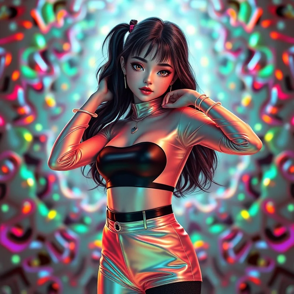 si fi a 3d recursive fractal environment color and light an extra beautiful supper modern girl wearing especial modern clothing gracefully posing full body shot