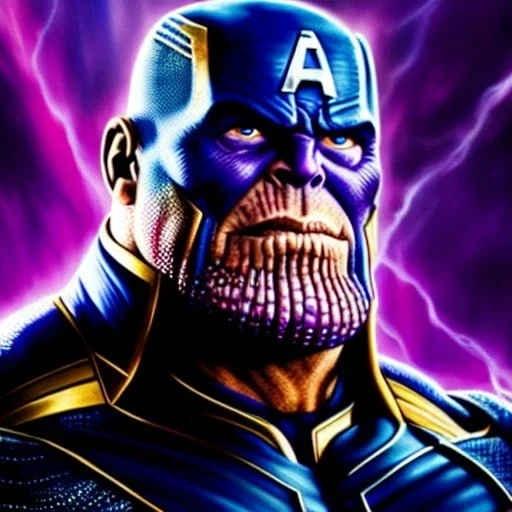 Ultra detailed fullbody Portrait in oil on canvas of Thanos fusion with Captain America with Armor,intense stare,extremely detailed digital painting, extremely detailed face,crystal clear Big eyes, mystical colors ,perfectly centered image, perfect composition, rim light, beautiful lighting,masterpiece,8k, stunning scene, raytracing, anatomically correct, in the style of robert e howard and Ken Kelley and Ohrai Noriyoshi and Simon Bisley and tomzj1