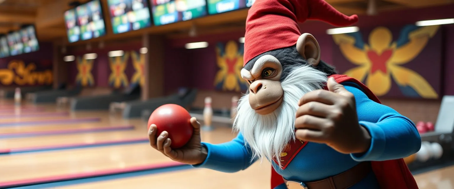 gnome superman inside a bowling hall, wrestling a monkey