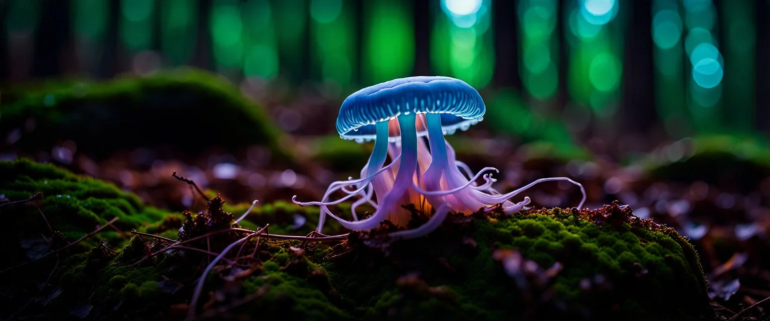 bio luminous JellyFish Fungus, fungal, light floating in a forest, Tree line, Alberta, scientist, Dystopian, Hyper detailed, Realistic, Extreme depth of field, bokeh blur, Alberta all-natural, in the style of candid, imperfection, natural lighting, cinematic, Fuji Film, Anamorphic lens, 2040s, --ar 4:5 --w 150 --style raw