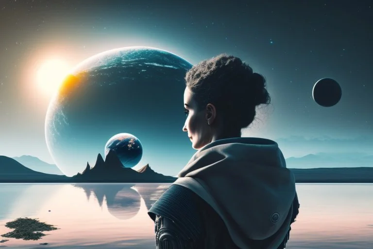 person seeing a grey exoplanet in the horizon, lagoon, sci-fi, very epic