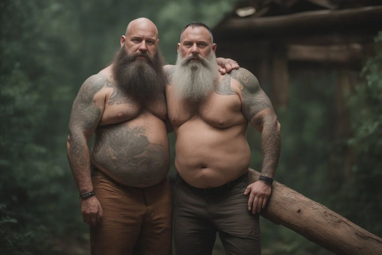 full body two men 50 years old woodcutter in boxer muscular chubby hairy shirtless with many tattooes with a huge bulge , embraced close, manly body, long beard, wood background,High detail, very detailed, ultra HD, 8k, cinematic