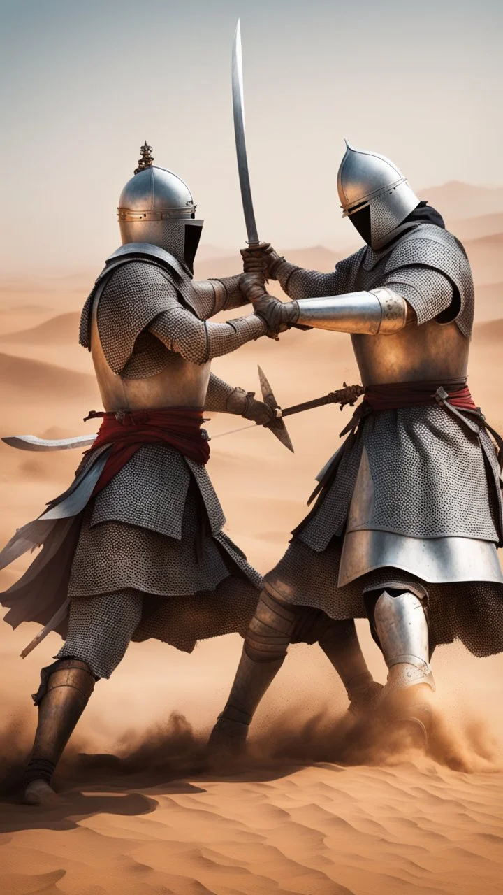 Picture of two knights fighting with swords, in the desertA picture of a Muslim knight killing another knight with a sword