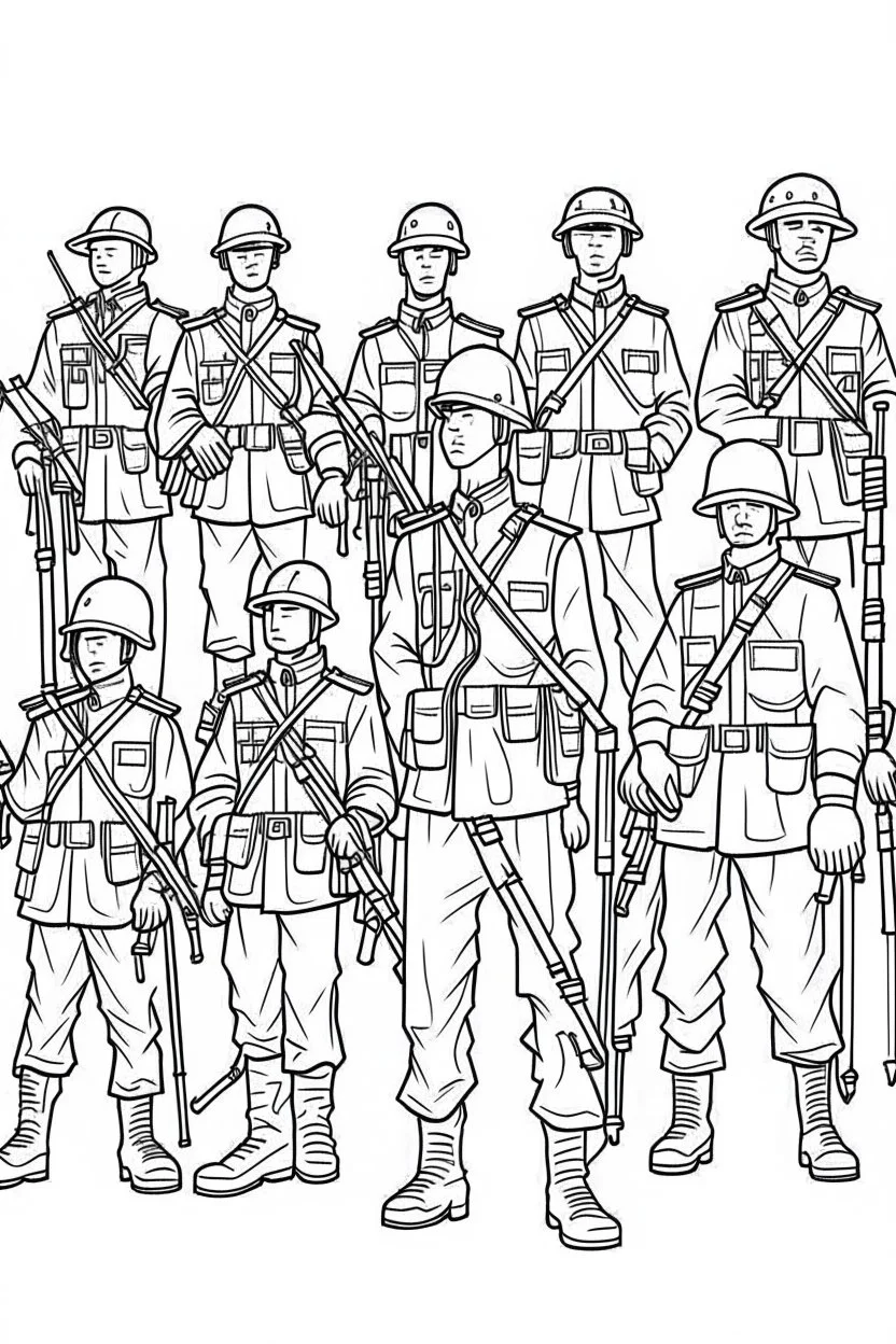 Outline art for coloring page OF A TOY SET OF SMALL AMERICAN PLASTIC TOY ARMY SOLDIERS, coloring page, white background, Sketch style, only use outline, clean line art, white background, no shadows, no shading, no color, clear