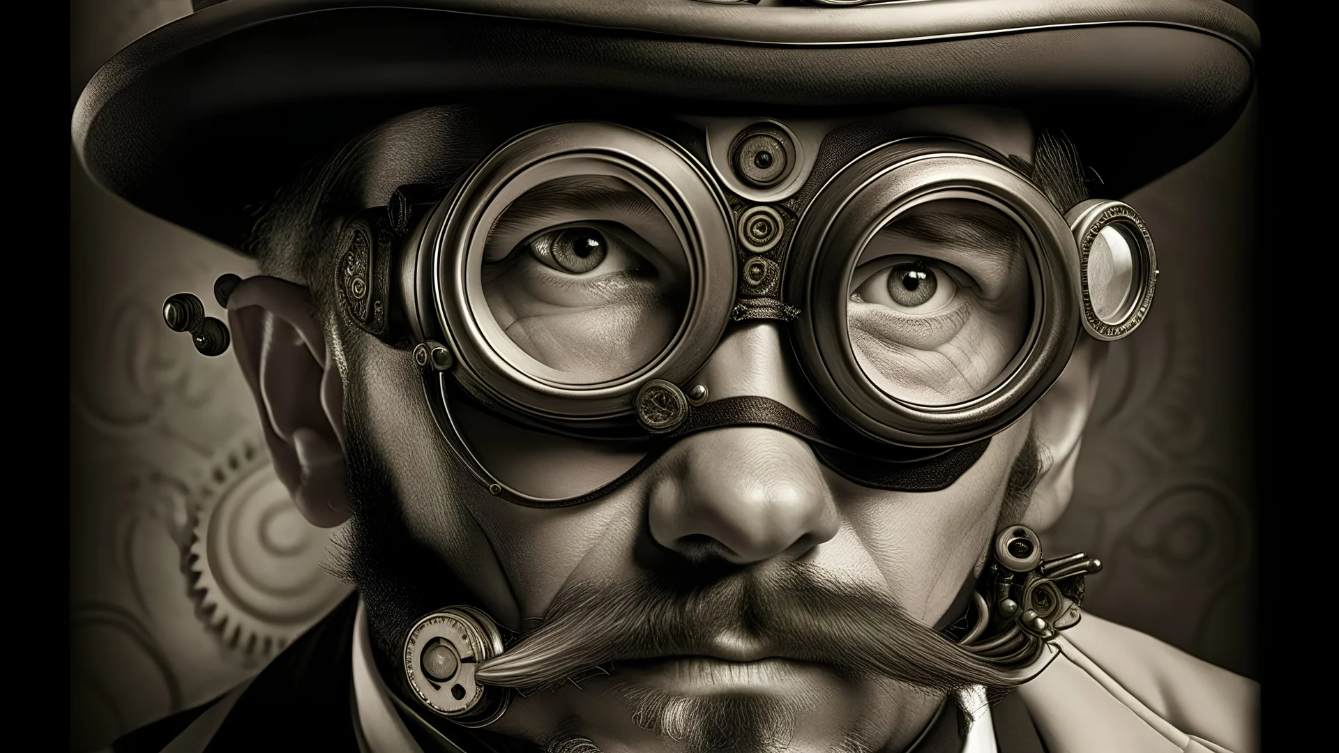 a high quality, medium prompt of a closeup old timey photograph capturing the essence of a steampunk inventor and his intricate inventions, vintage, sepia-tone, black and white, retro, rustic, antique, engineer, Victorian era, mechanical gears, brass, clockwork devices, goggles, top hat, mustache, scientific discoveries, scientific revolution, industrial revolution, detailed, intricate details, historical, nostalgic, time traveler, vintage photography, monochrome, studio lighting, symmetrical, f