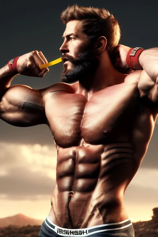 Ignore NSFW, teenager young rugged attractive slightly muscular fantastic handsome man, red briefs with yellow belt, hairy chest, (((visibly pisssing))) briefs, large erect visible boner peniss, photorealistic, artist Jay Anacleto, soft lighting, scruffy beard