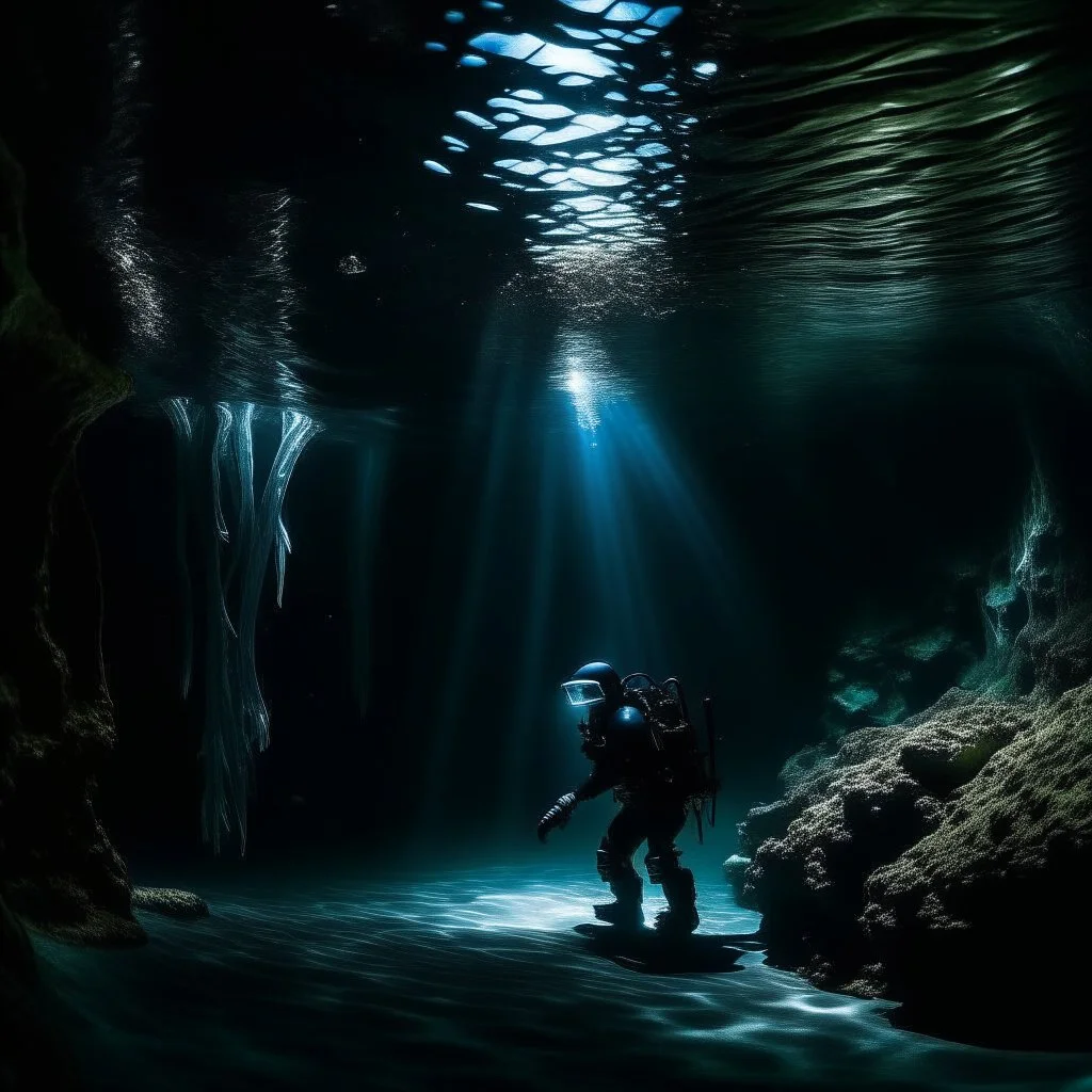 underwater images in a deep dark icy cave