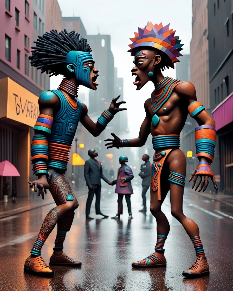 two arafed persons arguing in middle of street, yikes art, afrofuturism, arafed angularity, art cracking the road, angular aztec vibe, whimsical arafed nonsense, patchwork vibe, (((side view))) two arafed cyberlords fighting each other in a rainy whimsical downtown street with extreme body action and with (((exaggerated body parts))), (((oversize head))), sharp color contrasts, amazing shadows, (((exaggerated limbs and head))), minimal cozy, warm palette, bright bold warm summer colors