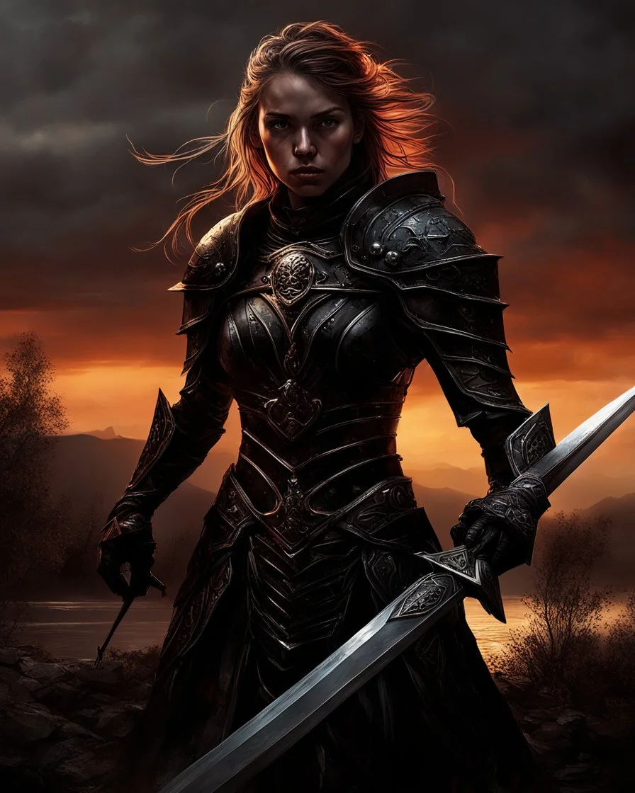 A formidable warrior girl in black armor, on the background Amazing gloomy landscape, flooded with sunset, mountains, trees, fabulous scary hero, , juicy emotions, painting, dark fantasy, gloomy day, dark world, portrait, by James Paick