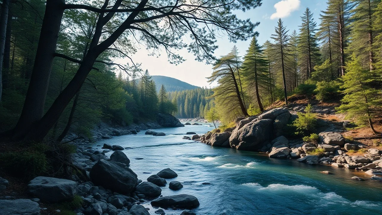 The forest opens up to the river, and the rocks keep the passage of time