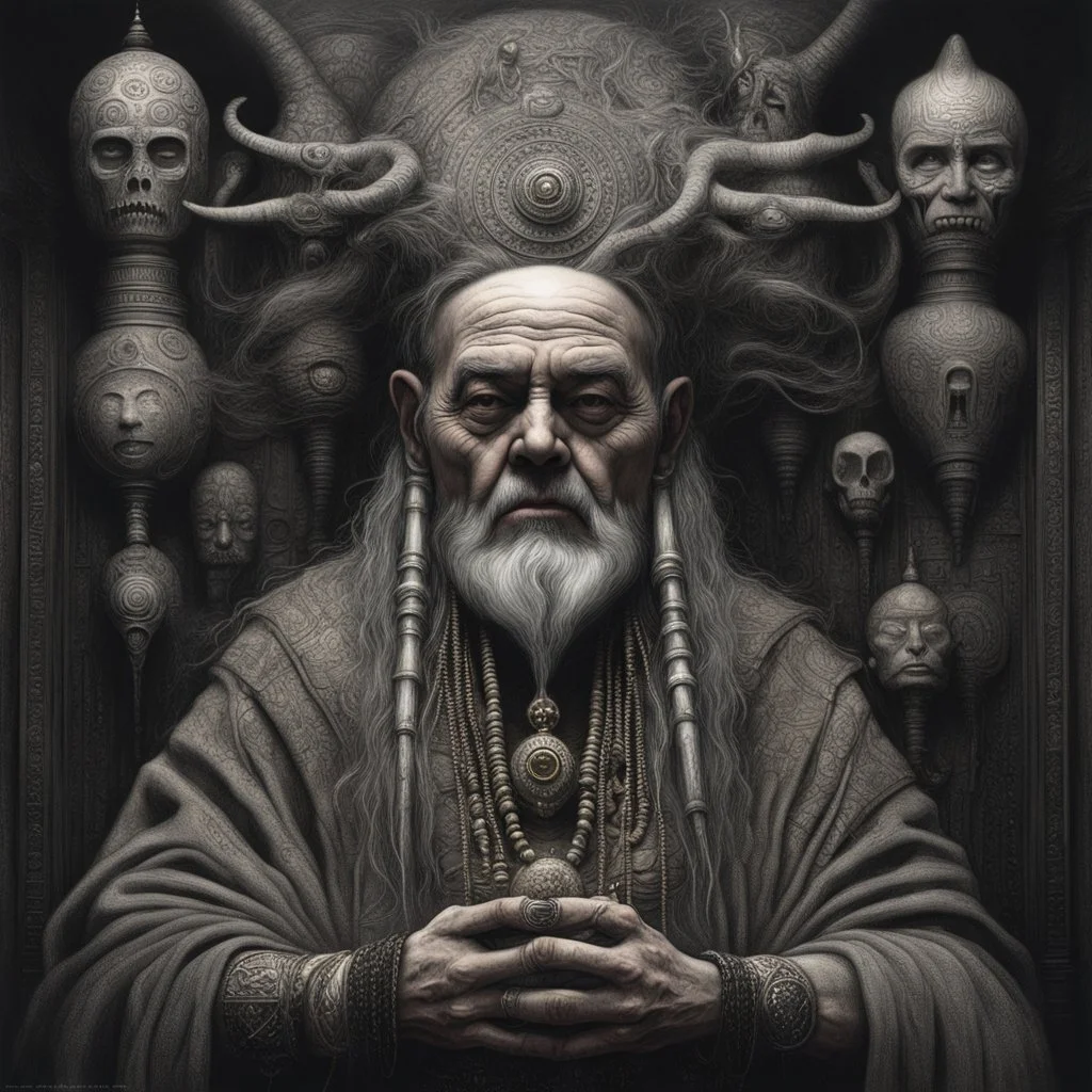 The Shaman by H.R. Giger Bearded Shaman; Sorcerer; Priest; Wise Sage, 55 year old Prophet; by Charles Dalmau, Geof Darrow, Ismail Inceoglu, Huang Guangjian, Dan Witz H.R. Giger Gustave Doré Robert Mapplethorpe Greg Rutkowski “Peace & Comfort” Insight from the Buddha