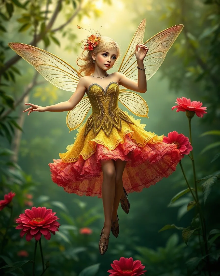 Gorgeous Digital Photography Realistic full body dress steampunk classic pixie flowers with a resemblance to Beautiful woman Tinkerbell on flying up, beauty sharp contrast colors,jungles background,digital fantasy art