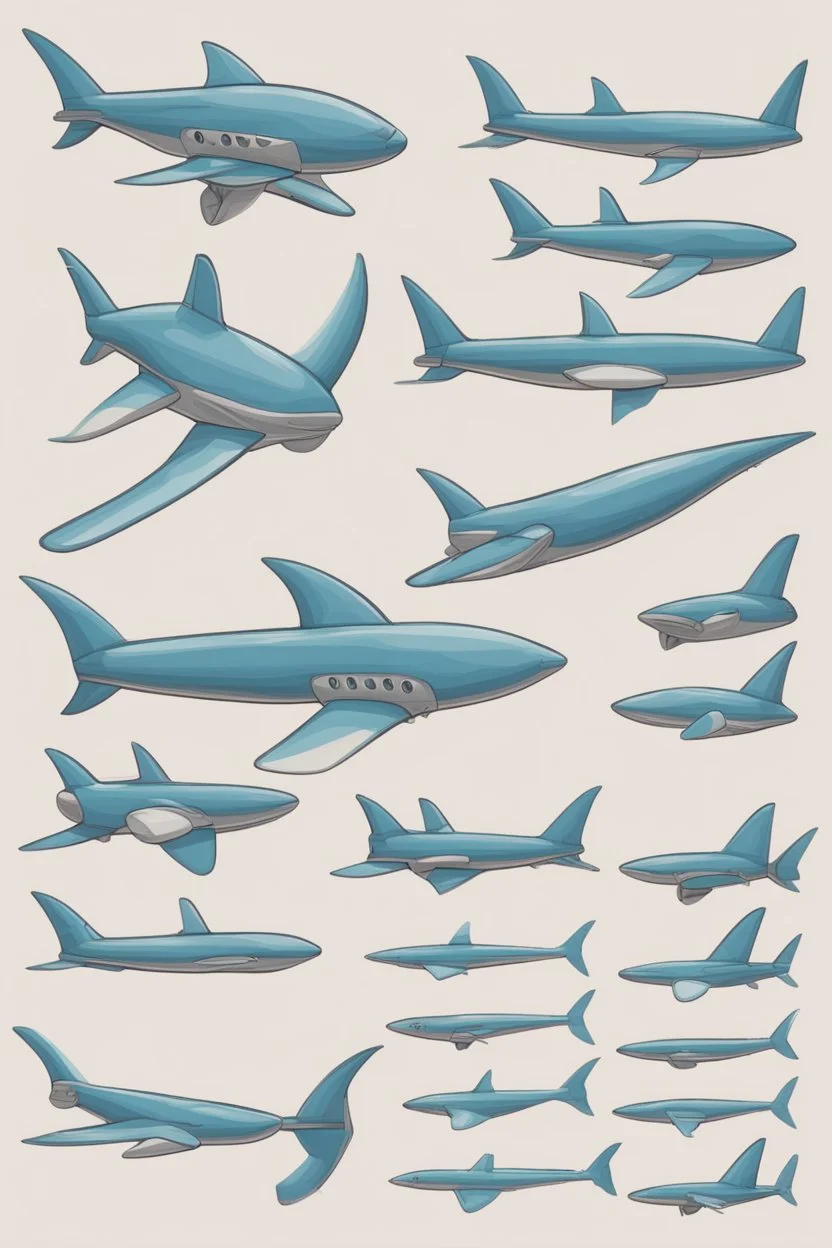 aeroplane inspired by shark with side view , quarter view and front view