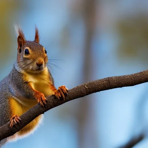 squirrel with black nose hanging on a little branch in the morning