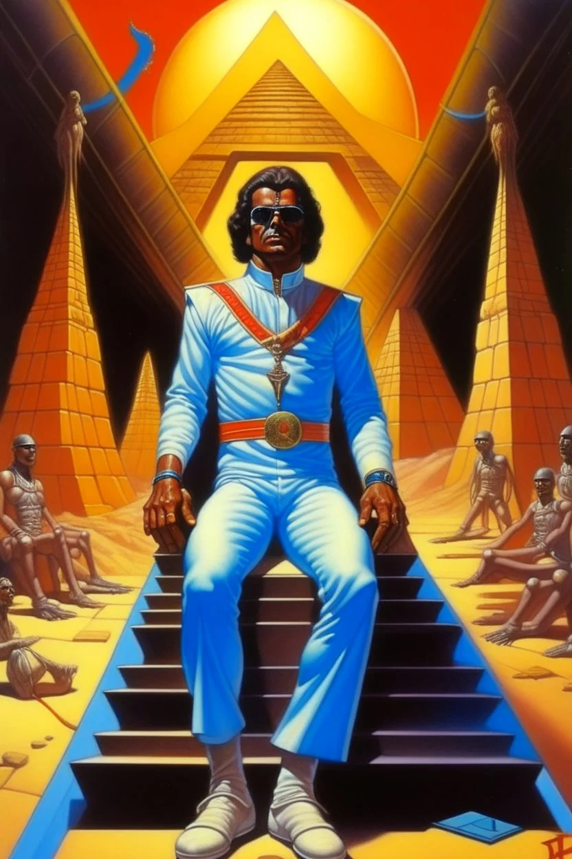 1970's dark fantasy cover dnd style oil painting of a Lacalle Pou President in sport outfits in a trial by a Sphinix with minimalist far perspective in egypt. Magazine.