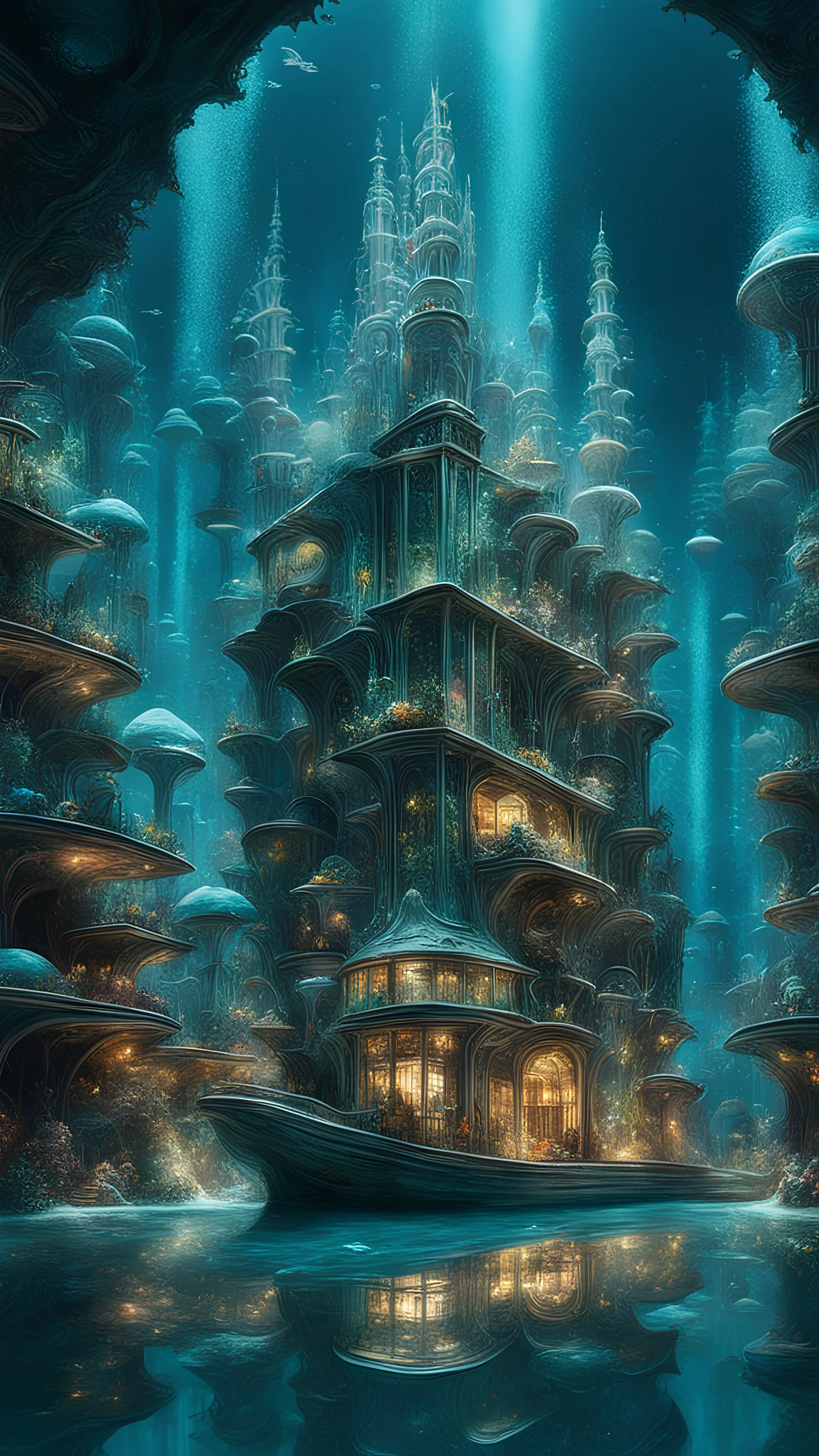 Envision a surreal underwater city made entirely of glass, with intricate structures and fantastical sea creatures swimming around. Capture the play of light and reflections in this ethereal, submerged metropolis