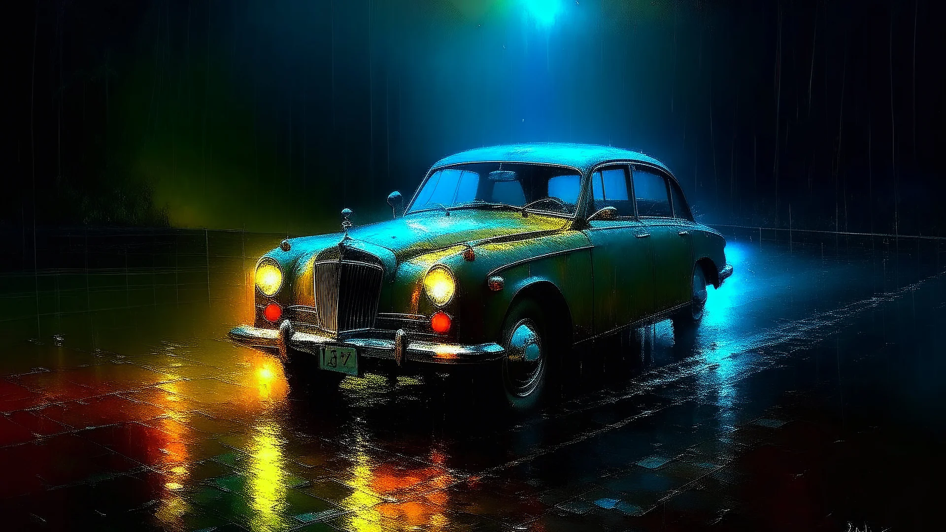 Vehículos reinterpretados en estilos pictóricos famosos: Pintura impresionista de un coche detenido bajo lluvia ligera donde la luz se descompone en manchas vibrantes sobre el metal húmedo