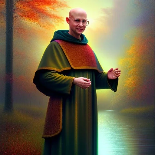 spray painted fantasy art, blurred realism, color corrected, white balance, book illustration,upper body of a realistic bald priest by a dam ,autumn water, colorful, evening