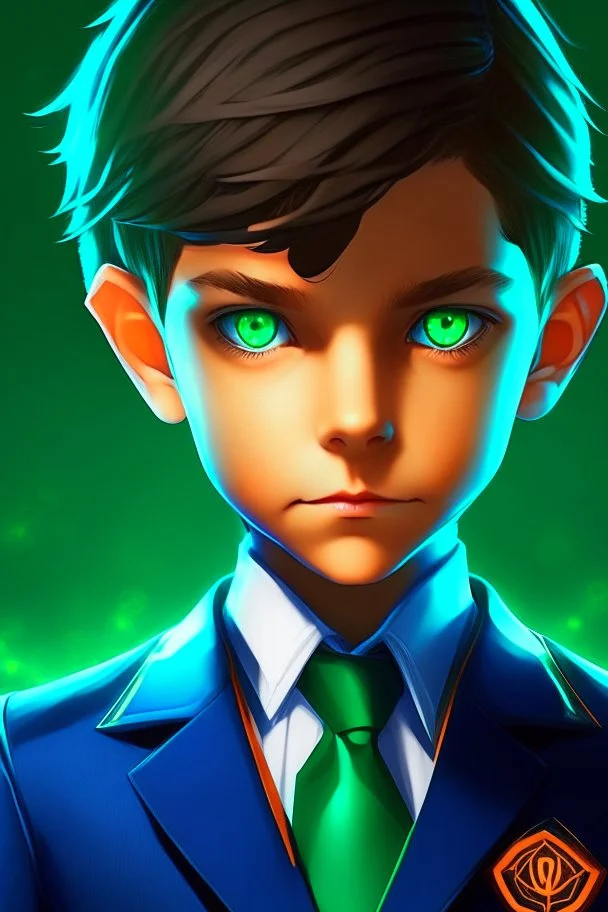 a 11 year old with dark circles around his eyes and he is in a suit and the suit is blue and orange with a emerald emblem and his emerald eyes are glowing emerald and he is 166CM tall