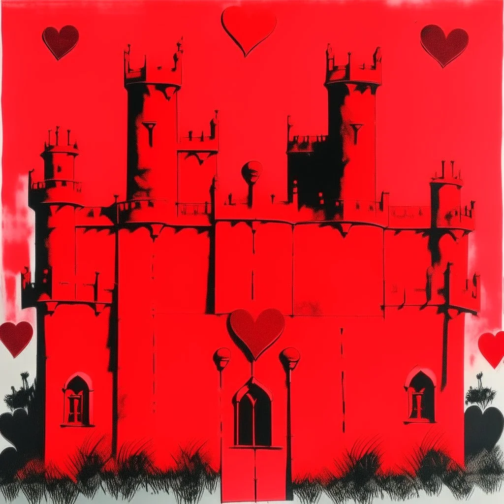 A red castle with hearts painted by Andy Warhol