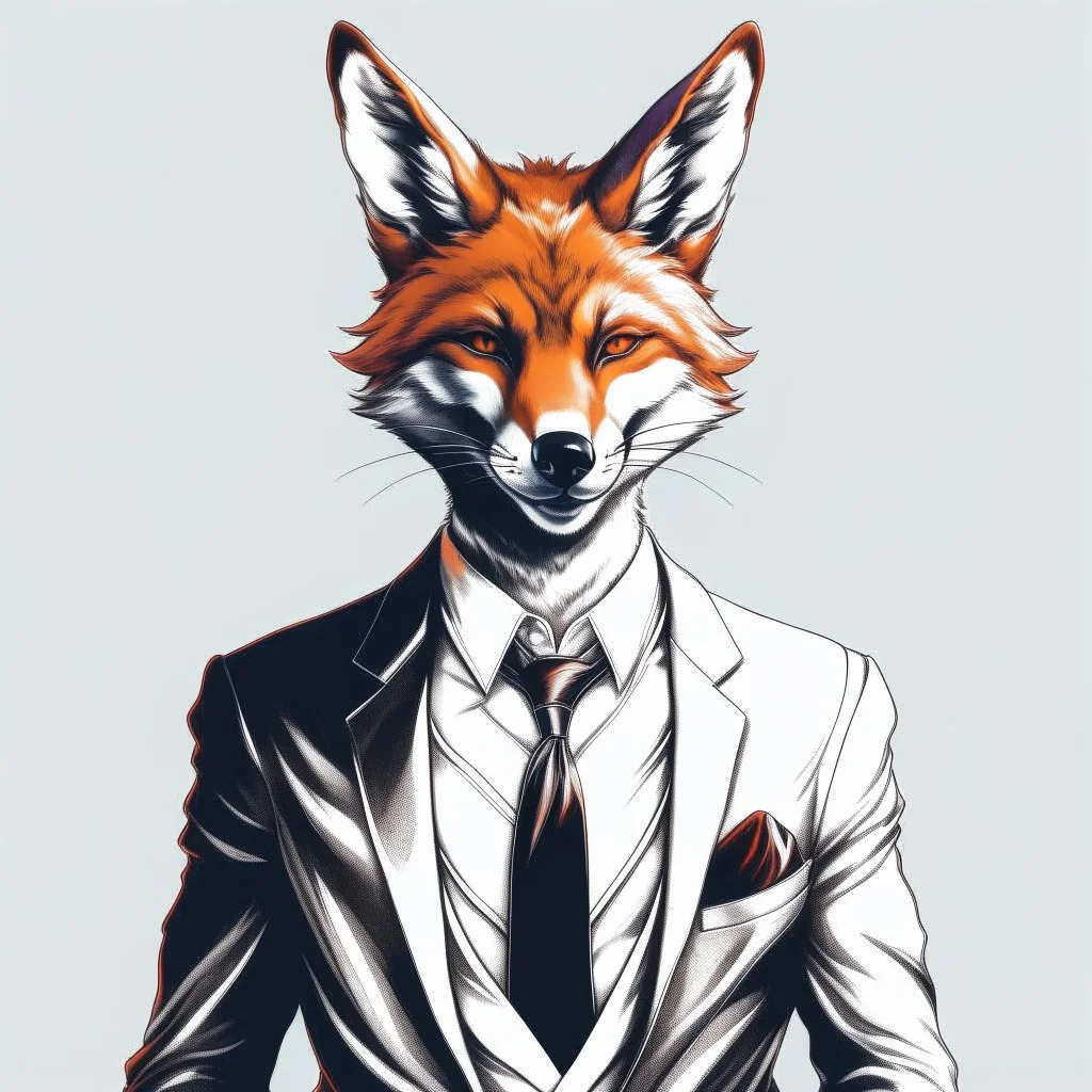 Illustrative sketch of a image of an humanoid fox, suit and tie, arte lineal ultra quality, 8k