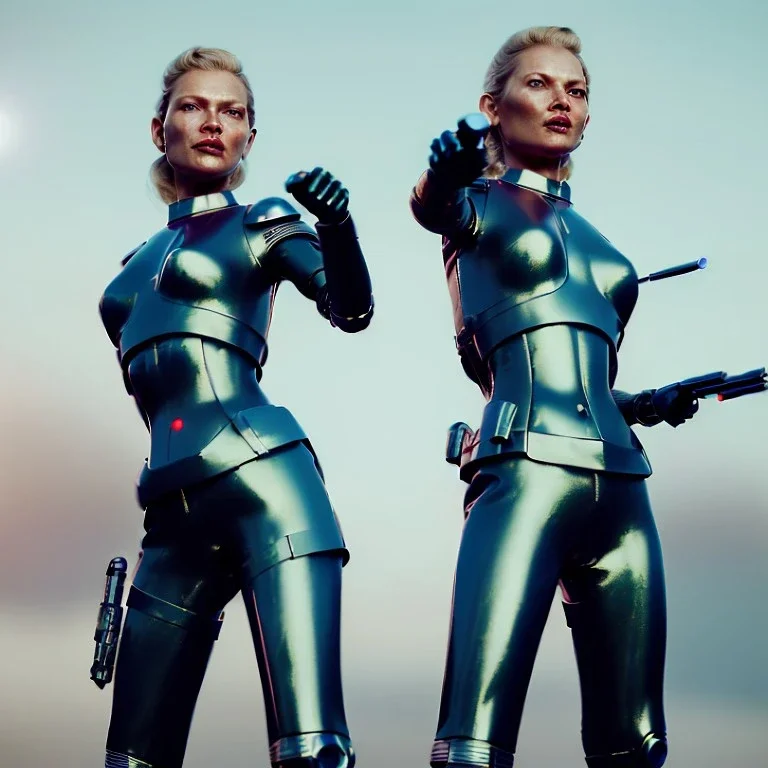 Ultra Realistic retro sci-fi movie war scene, waist up view portrait, blonde Jedi woman pointing a gun, sweet Kate moss face, perfect iris, glow eyes, makeup, weapon. Drones background, Retro sci-fi style, helmet, tight latex coat, fog, rain, soft color, highly detailed, unreal engine 5, ray tracing, RTX, lumen lighting, ultra detail, volumetric lighting, 3d, finely drawn, high definition, high resolution.