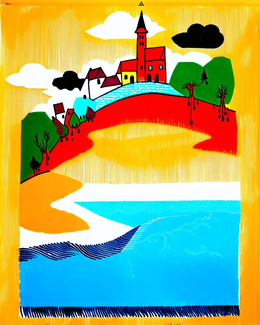 Innsbruck Cathedral: Intricately textured Joan Miro Style: highly detailed surreal landscape, village by the sea, trees, clouds, crashing ocean waves, bleeding ink, drawing on textured paper, Paul Klee, red, amber, green, indigo, aquamarine and maroon colours, mixed media, precisely executed fine line art, frameless, by Susanne. Modifiers: high definition crisp quality Picasso SALVADOR DALI vibrant colours Ukiyo-e *SK
