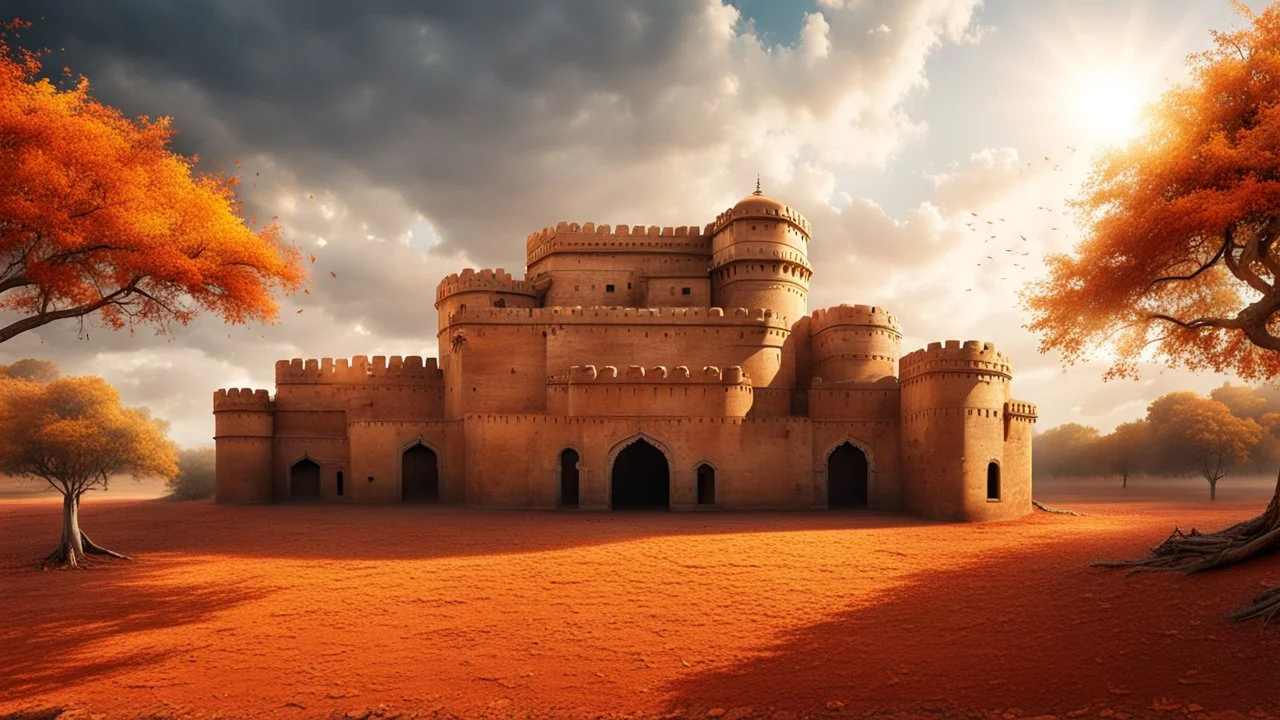 Hyper Realistic Photographic Wide-angle-Outside View Of A Huge-Detailed-Crafted-Rajasthani-Fort In An Autumn Season with dried Orange Leaves on the land & thick autumn trees with cloudy-sunrays behind the fort showing dramatic & cinematic ambiance.