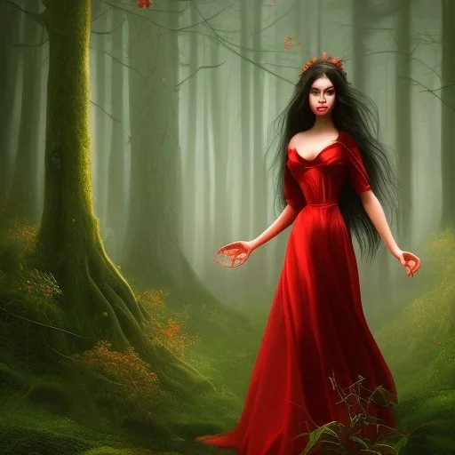 Girl with angelical face, black hair wearing long red dress in a magic forest, fantasy style, surrealism, 8k