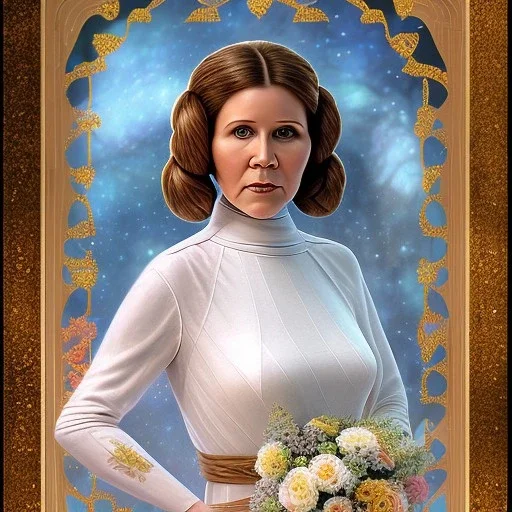 hyperspace background, complete and photo realistic detailed head to waist stunning photo realistic portrait of carrie fisher as Princess Leia in star wars with photo realistic wedding hairstyle by Mandy Jurgens and mucha and Richard Schmid and chuck close and chie yoshii, extraordinary and detailed ceremony dress of star wars,brown eyes