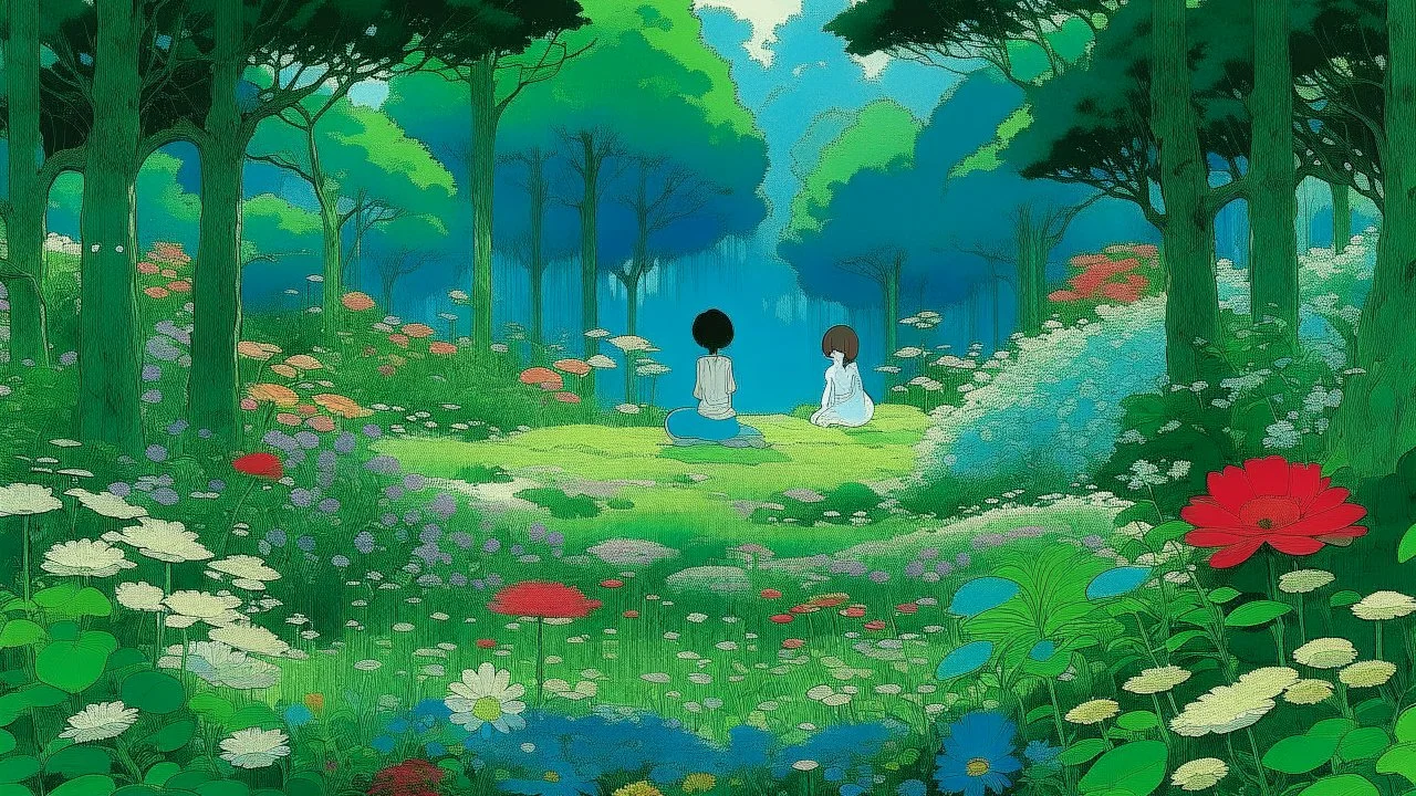 An illustration by Miyazaki and Monet of of individuals practicing yoga surrounded by blooming flowers and lush vegetation.