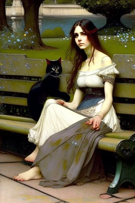 Woman sitting on a park bench, a cat sitting beside her. John William Waterhouse