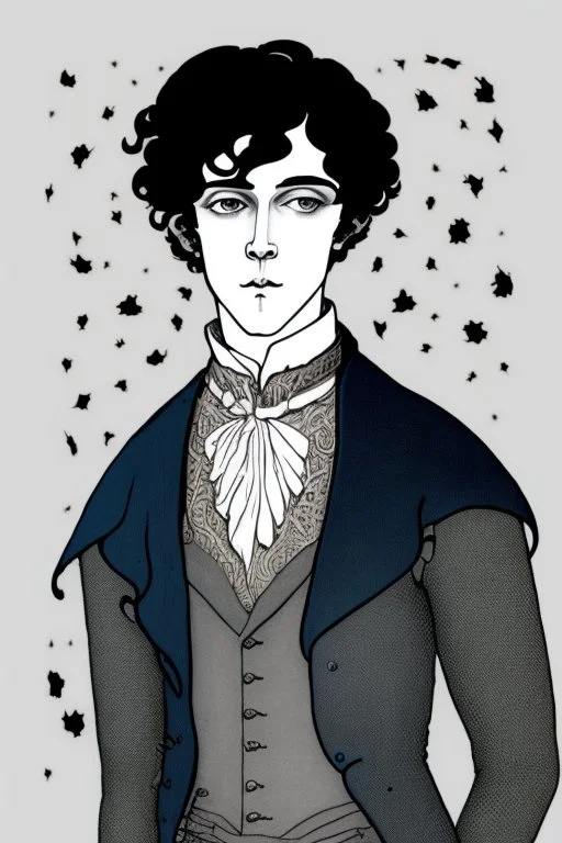 Black haired blue eyed freckled young male wizard in the style of aubrey beardsley