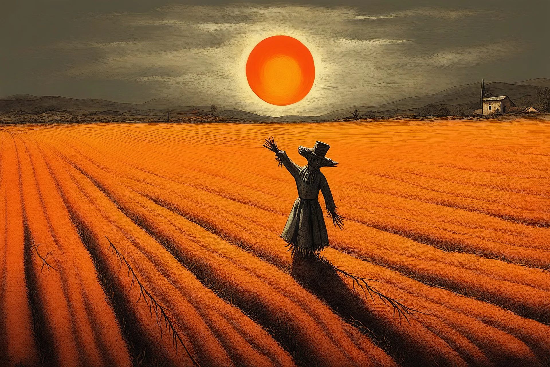 A field scarecrow falling from the sky. In the mexican countryside.A gray and dark atmosphere. An orange sun in the sky.Marc Chagal