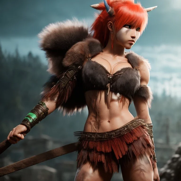 Barbarian anime character, animal hide armor, physically fit, tribal tattoos, scars, washboard abs, red facepaint, green hair, dark eyeshadow, intricate eyeliner, soft round eyes, beads in hair, 8k resolution, cinematic smooth, intricate details, vibrant colors, realistic details, masterpiece, oil on canvas, smokey background