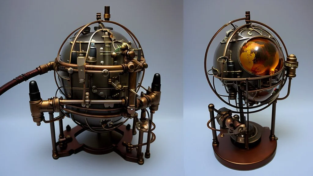 steampunk sphere with tubes, pipes, and wires floating in deep space, detailed