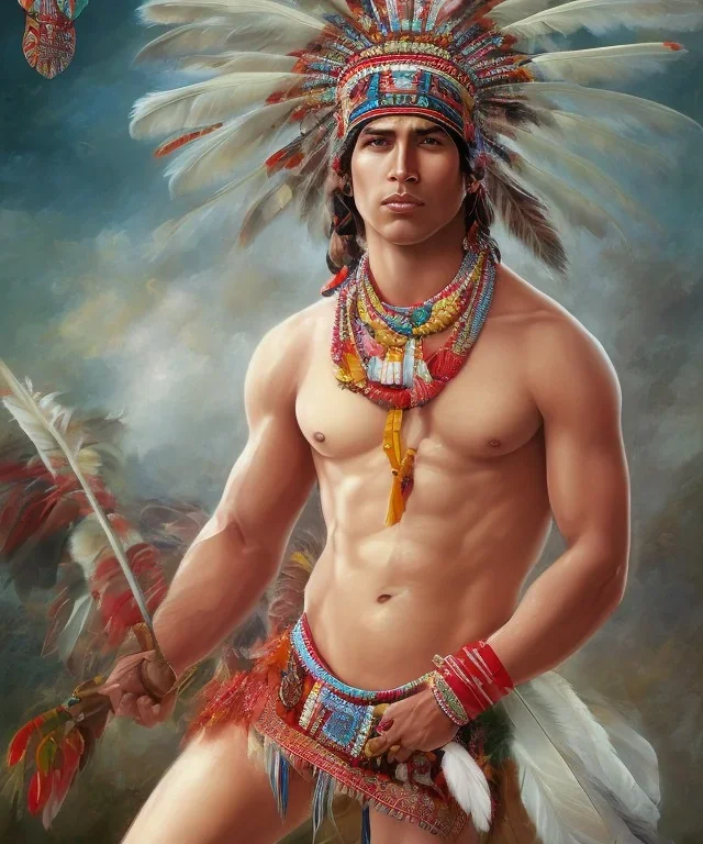 Guaicaipuro, native american god, 30 years old, Muscular warrior, red feathers headdress, shirtless, fearce look