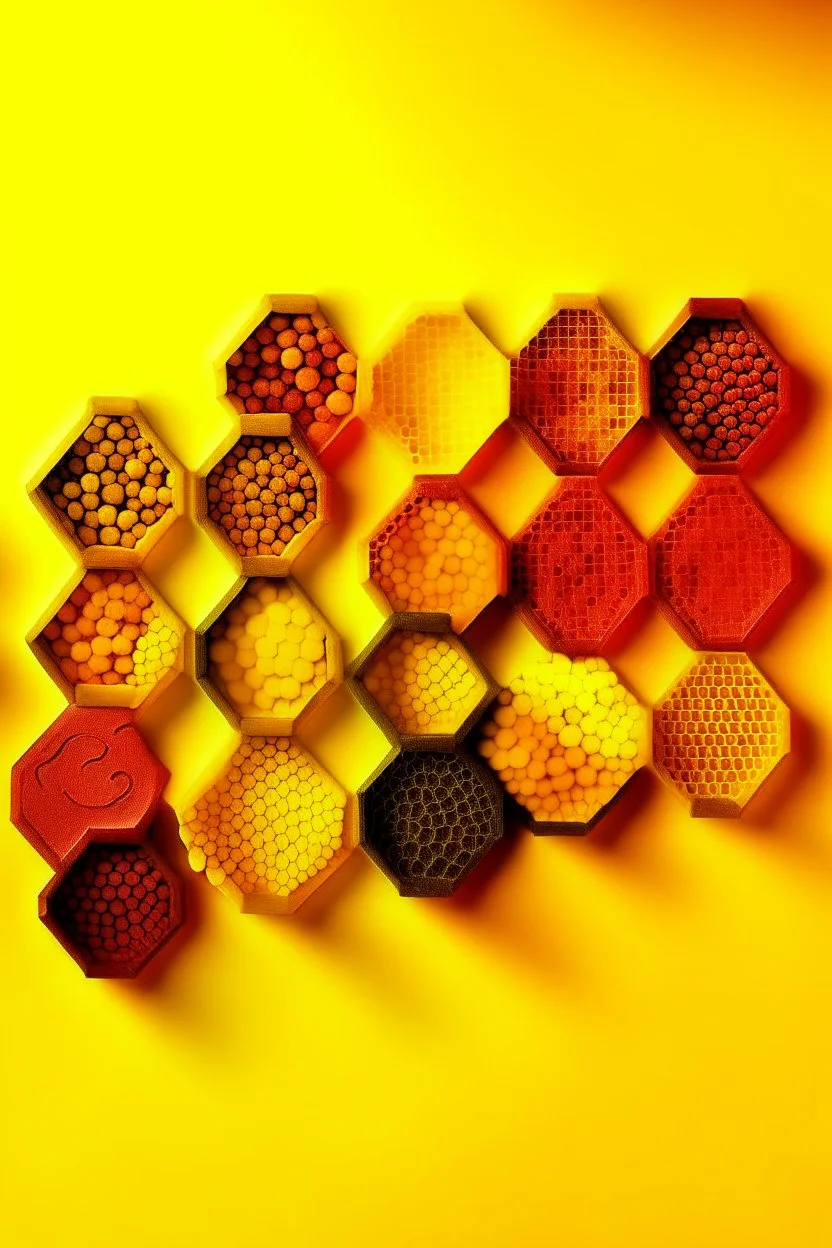 honeycombs of different colors and different sizes behind yellow background layout