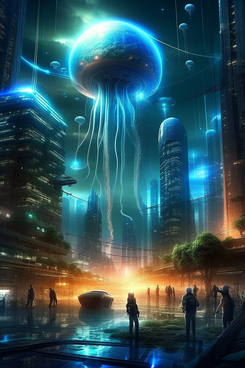 A captivating depiction in digital form, showcasing a plethora of extraordinary extraterrestrial creatures thriving within a surreal and lively ghosts realm. This imaginative artwork embodies the essence of science fiction, presenting a medium shot composition with fantastical beings that are unique, belonging to a world beyond our own. A modern city out of this world enhanced by atmospheric lighting, and breathtaking landscapes.