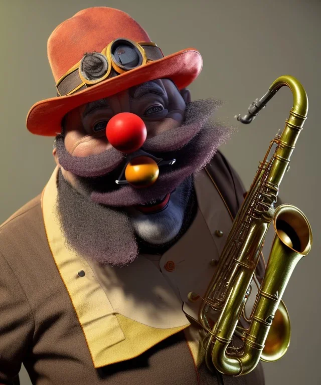 mechanoid old friendly fat clown with trimmed beard playing jazz with a steampunk theme, trumpet, realistic