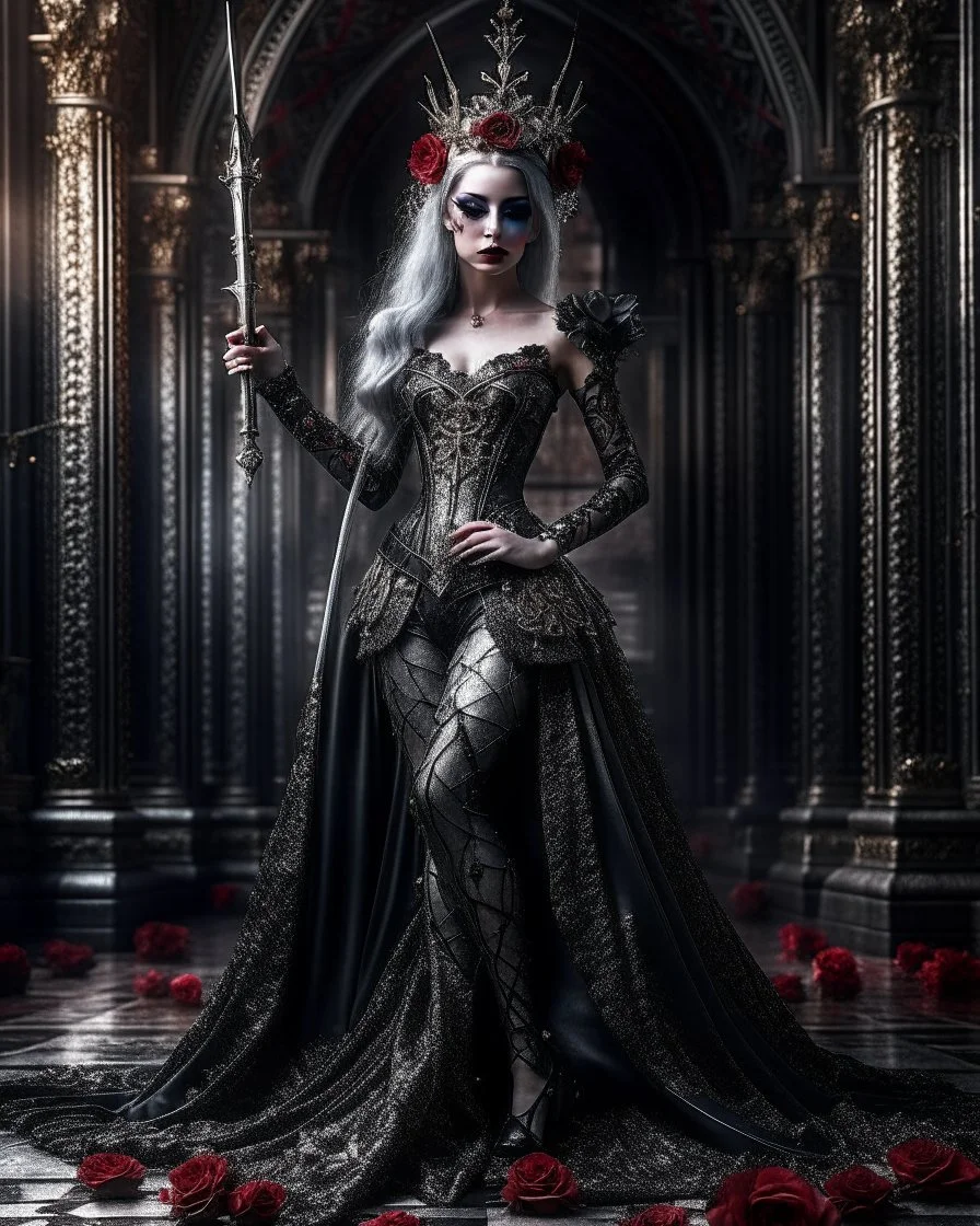 Beautiful Gothic Queen Vampire,length image angle distance dystopian full body,hold the wonderfully stainless steel bright shine shiny metal craft ,standing pose luxury king engrave sword,sorrounded roses flowers full color background