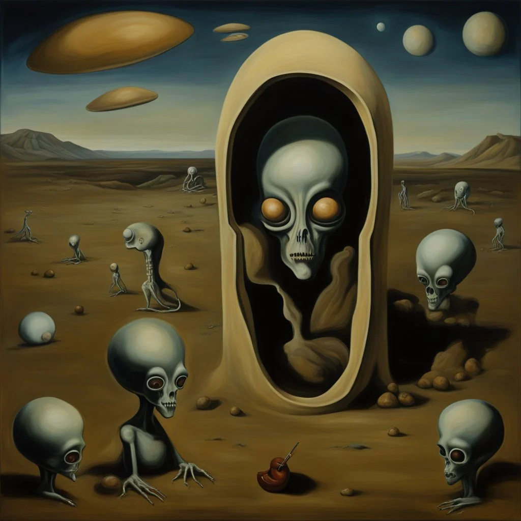 alien,surrealist painting called 'today I am thinking about death by dali and picasso and magritte and Breughel